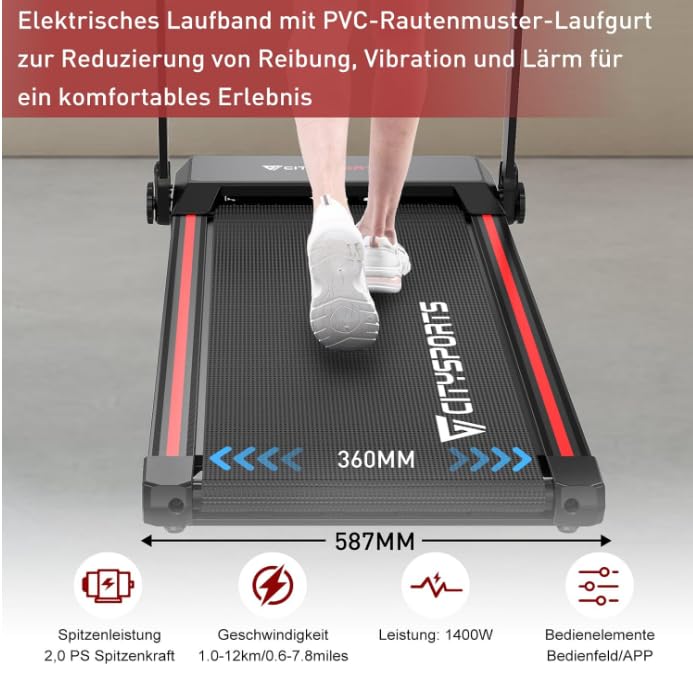 CITYSPORTS Klappbares Laufband bis 12km/h - LED, APP, Tablet Holder, kompakt (Black)