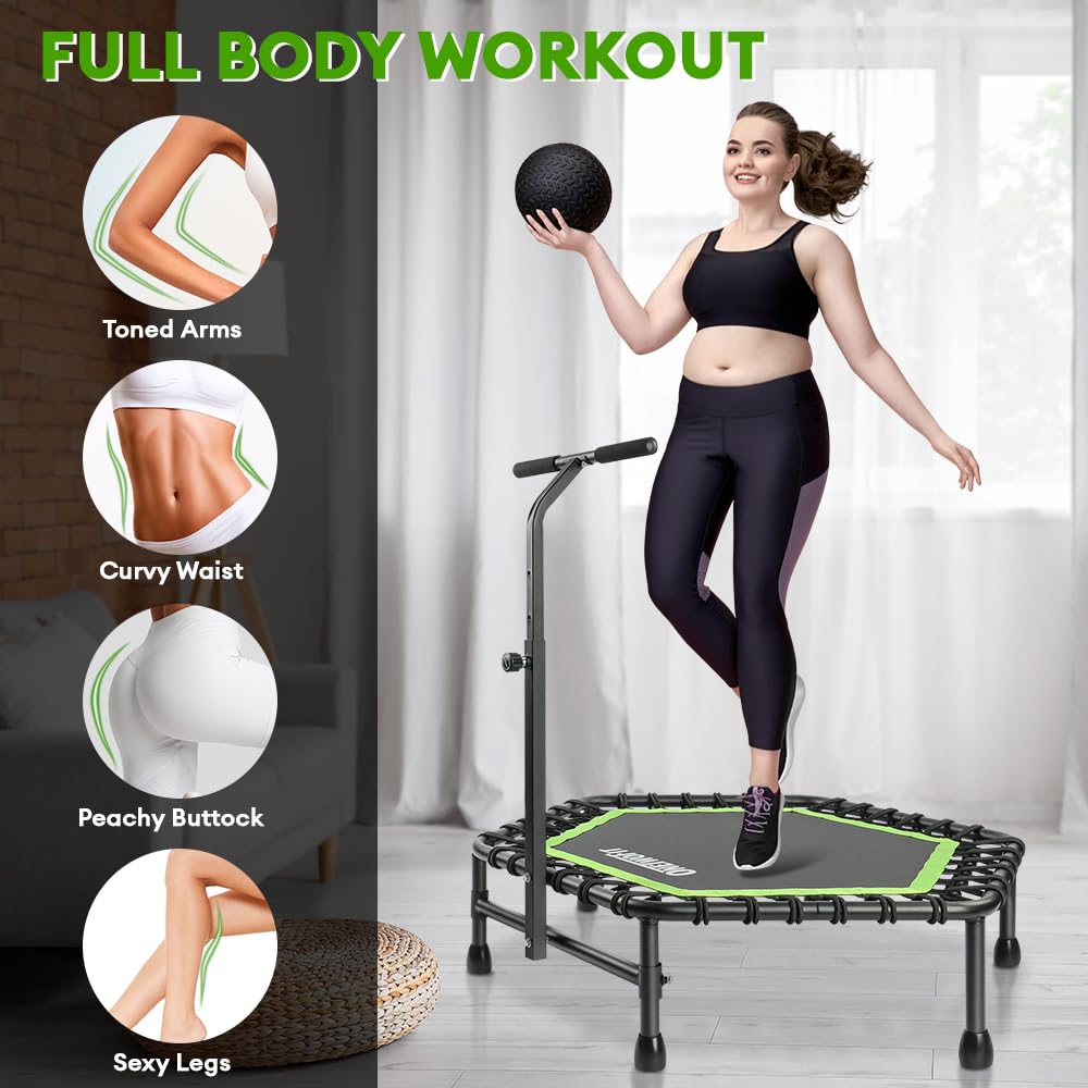 ONETWOFIT Fitness Trampolin Ø 114cm - Bungee, leise, Indoor, mit Griff (Grün)