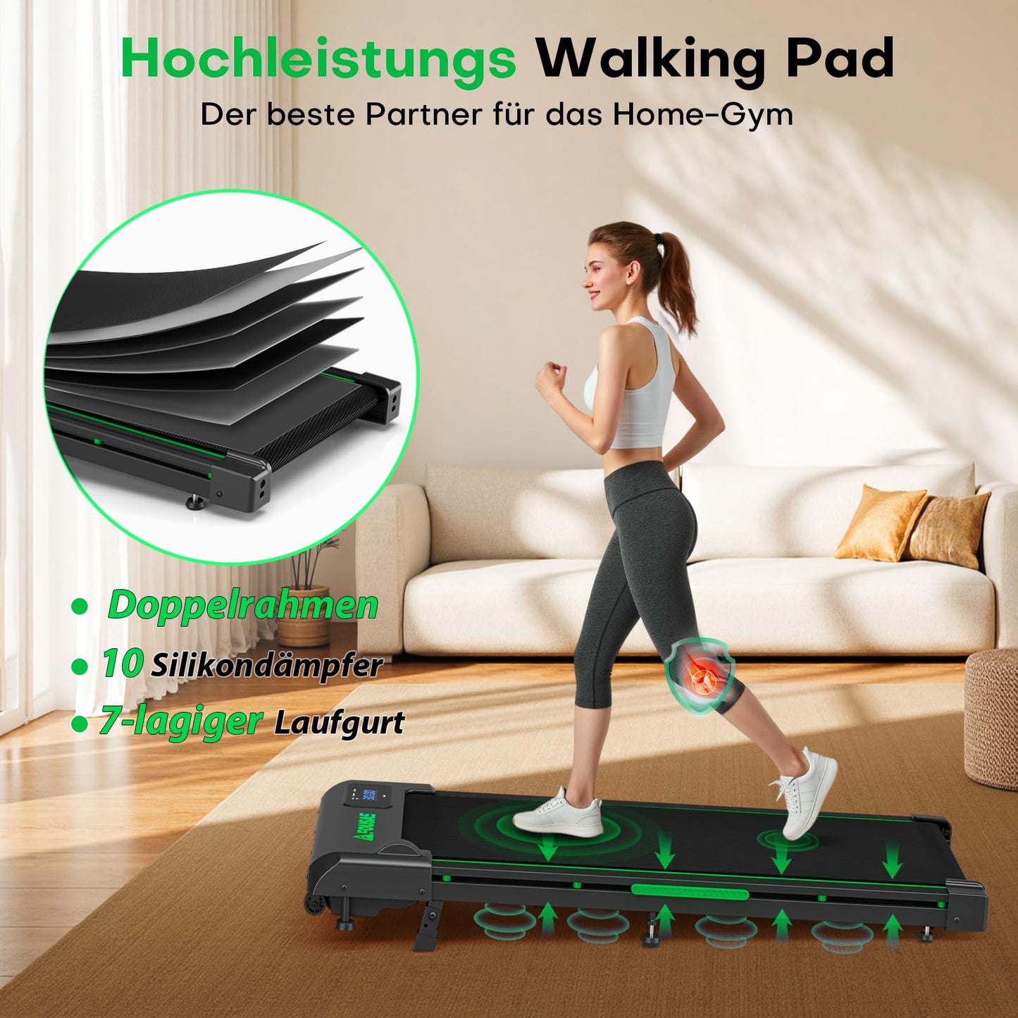 FOUSAE Walking Pad 1-10km/h mit 9% Steigung - 2.5HP, LED, Fernbedienung, 12 Programme