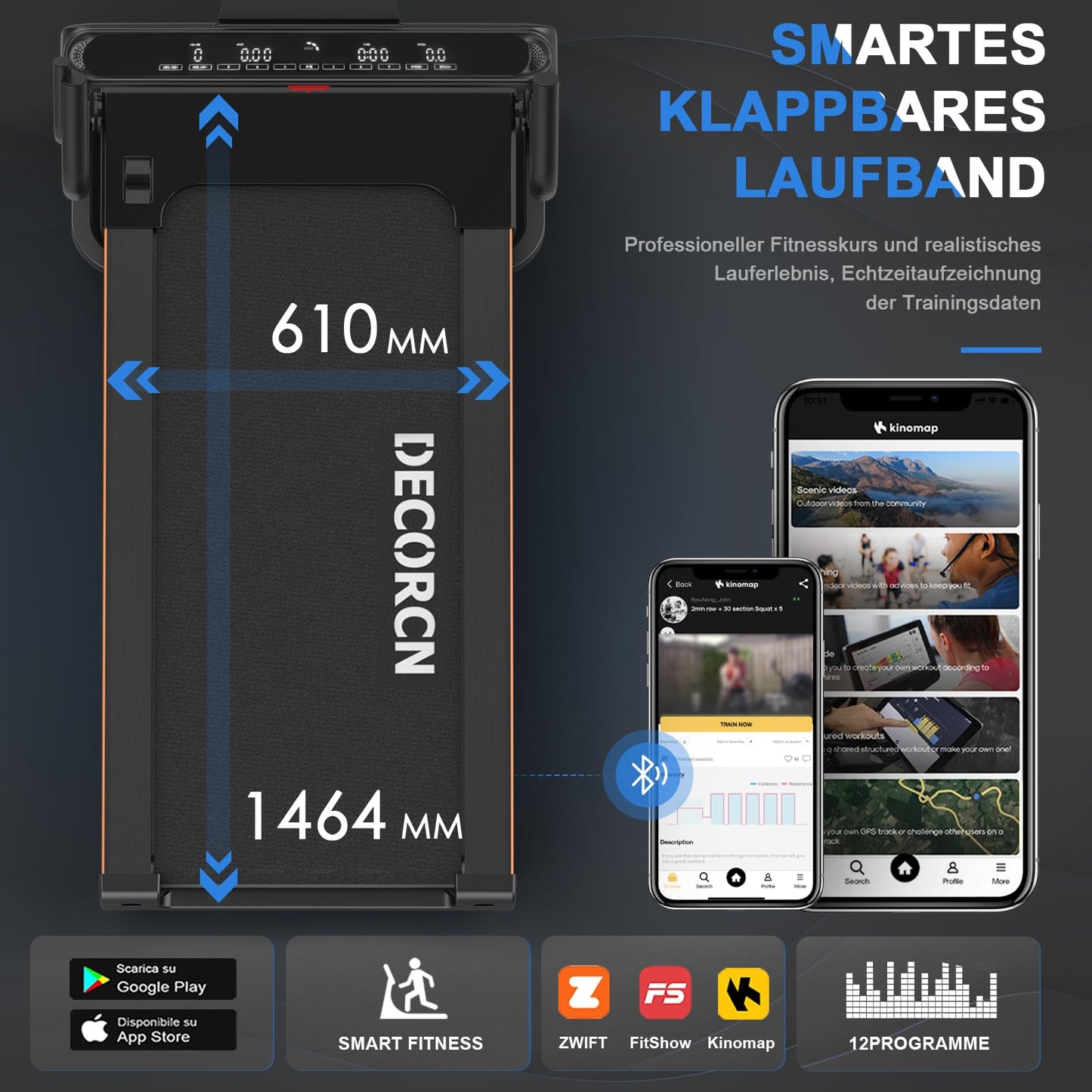 Decorcn Profi Laufband 16 km/h 4.5PS - Klappbar, 20 Stufen, LCD, Bluetooth, bis 150kg