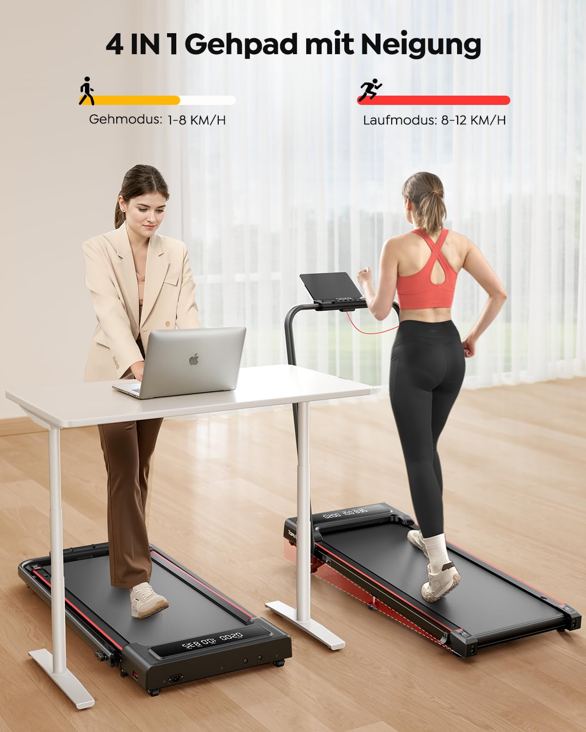 4 IN 1 Laufband mit Steigung 12km/h - Klappbar, 2.5HP, Fernbedienung, App, Schreibtisch