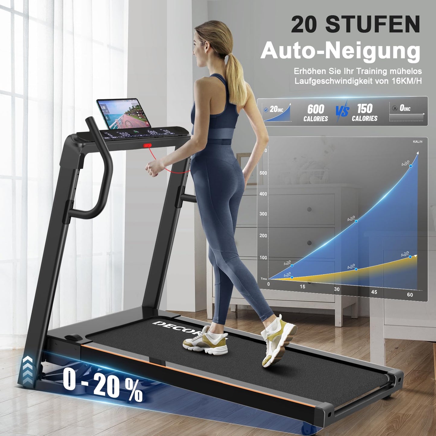 Decorcn Profi Laufband 16 km/h 4.5PS - Klappbar, 20 Stufen, LCD, Bluetooth, bis 150kg
