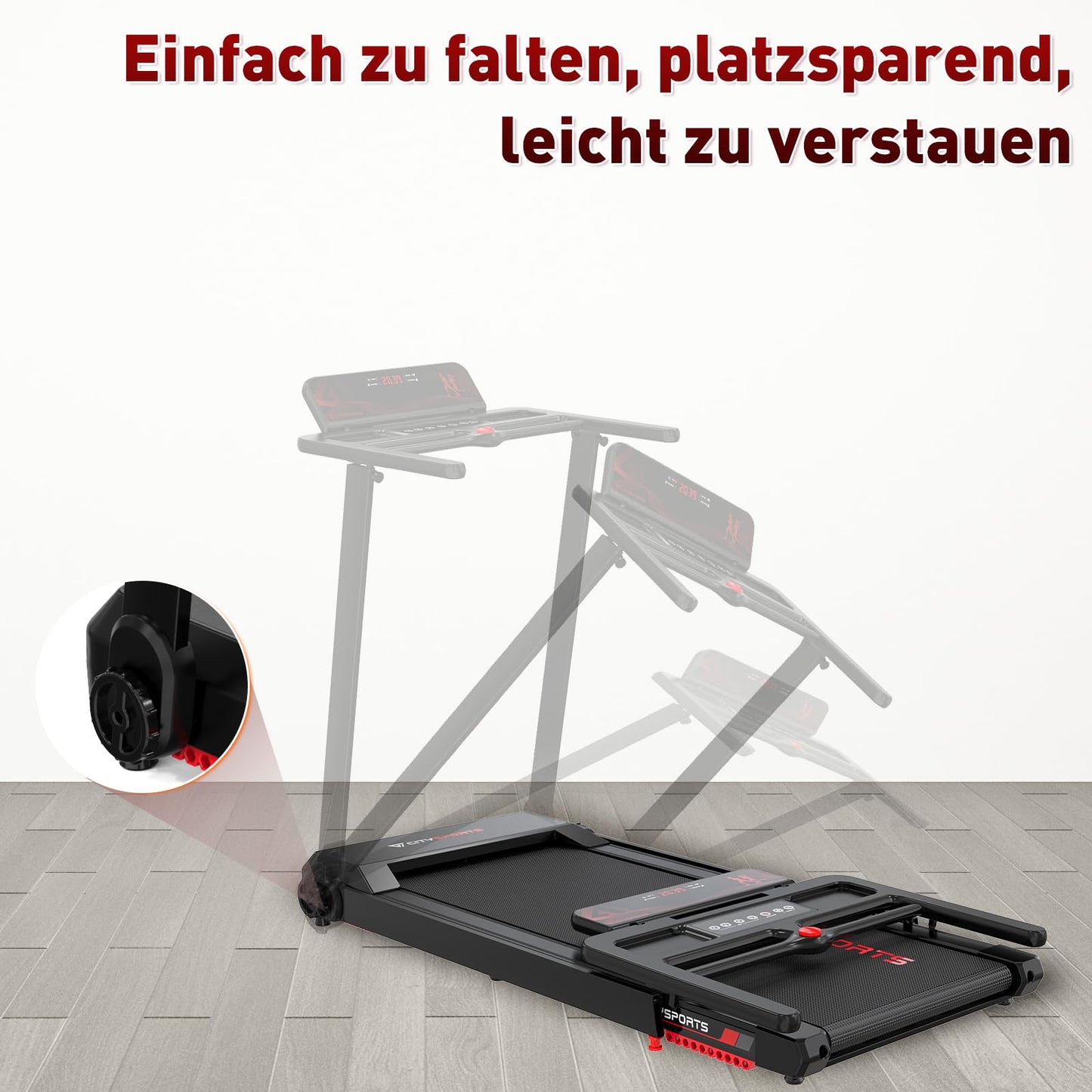CITYSPORTS Klappbares Laufband bis 12km/h - LED, APP, Tablet Holder, kompakt (Black)