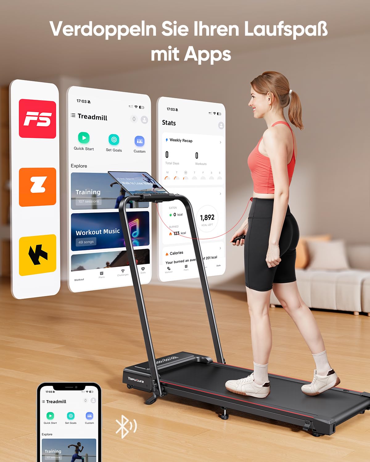 4 IN 1 Laufband mit Steigung 12km/h - Klappbar, 2.5HP, Fernbedienung, App, Schreibtisch
