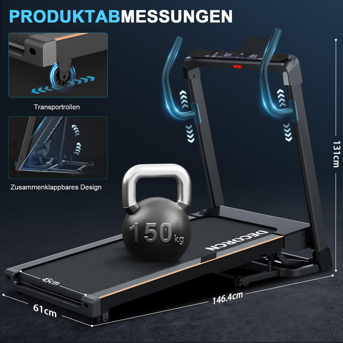 Decorcn Profi Laufband 16 km/h 4.5PS - Klappbar, 20 Stufen, LCD, Bluetooth, bis 150kg