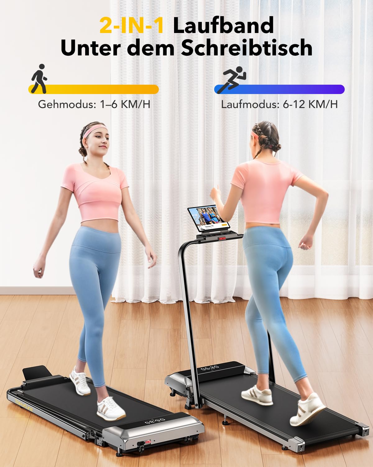 2 in 1 Laufband mit Steigung 12km/h - Klappbar, 2.5HP, Fernbedienung, App, kein Aufbau