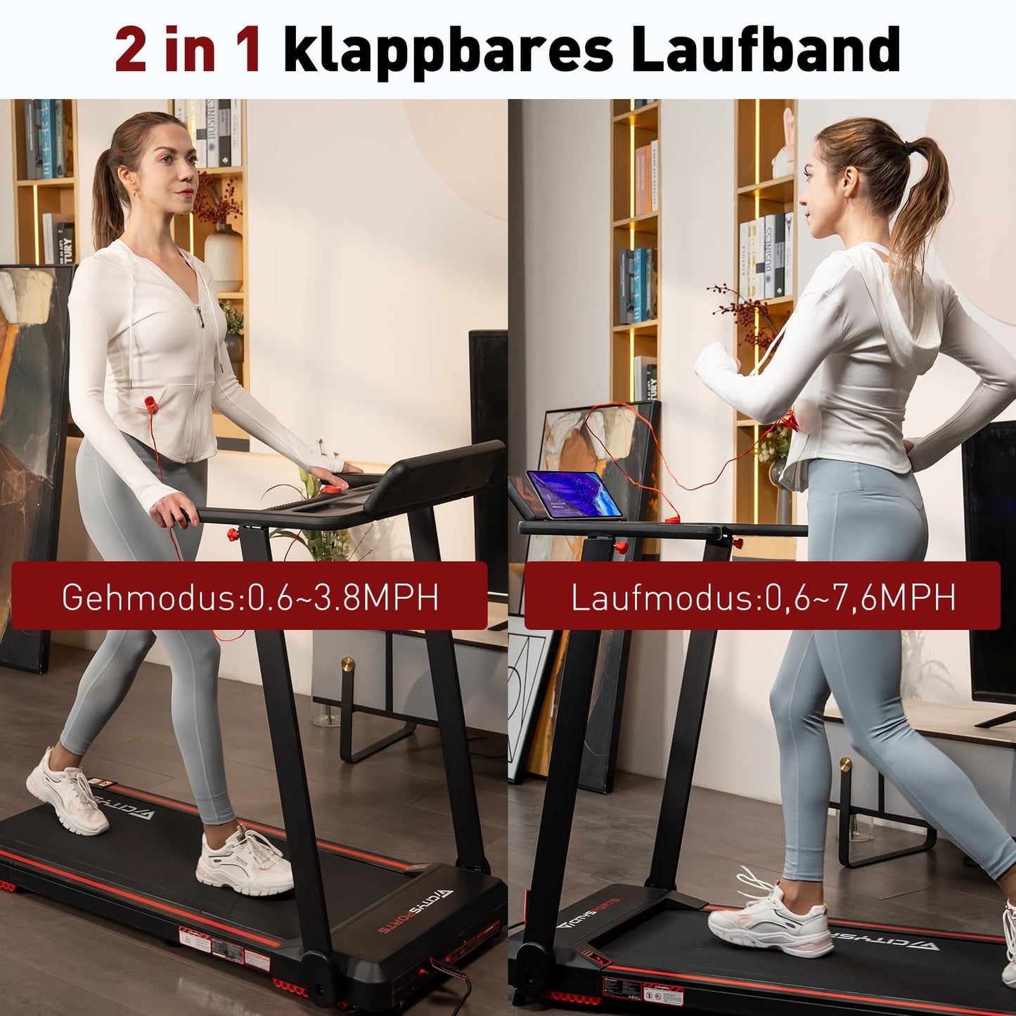CITYSPORTS Klappbares Laufband bis 12km/h - LED, APP, Tablet Holder, kompakt (Black)