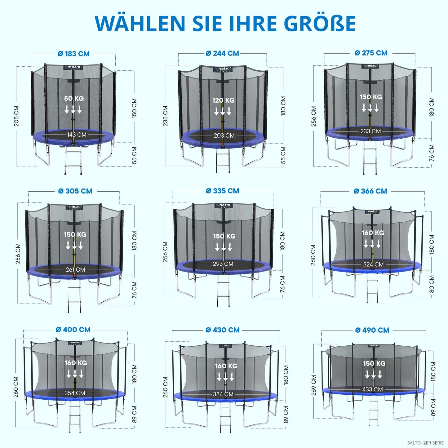 KINETIC SPORTS Salto Trampolin Ø 490cm - Kindertrampolin Set, bis 160kg, USA Tuch