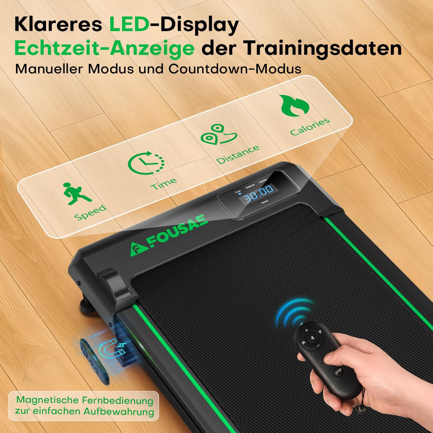 FOUSAE Walking Pad 1-10km/h mit 9% Steigung - 2.5HP, LED, Fernbedienung, 12 Programme