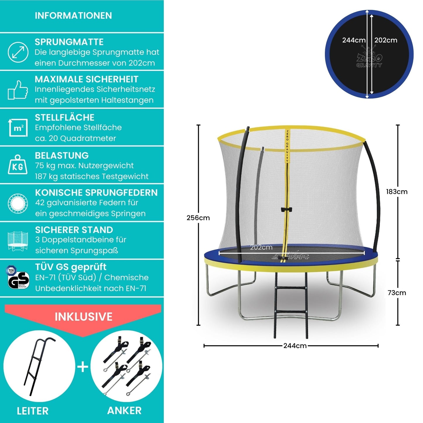 Zero Gravity Trampolin Ø 427cm TÜV - Gartentrampolin, sturmsicher, inkl. Leiter (244cm)