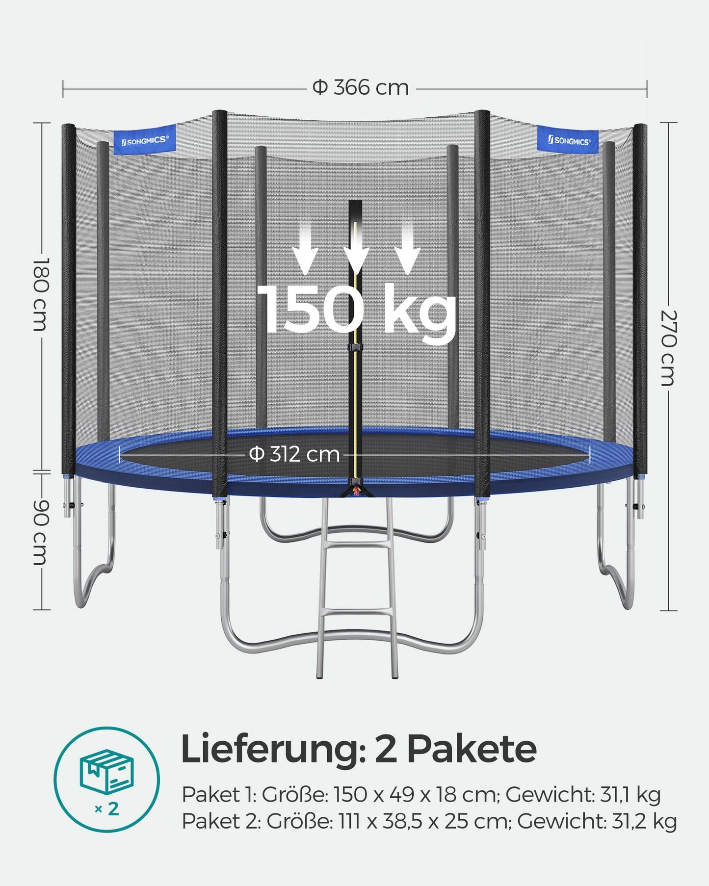 SONGMICS Trampolin Ø 366cm - Sicherheitsnetz, Randabdeckung, Leiter, 180cm Stangen