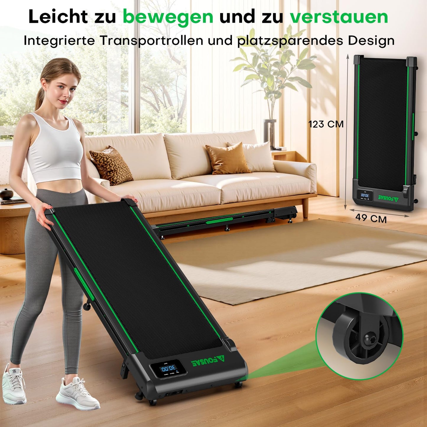 FOUSAE Walking Pad 1-10km/h mit 9% Steigung - 2.5HP, LED, Fernbedienung, 12 Programme