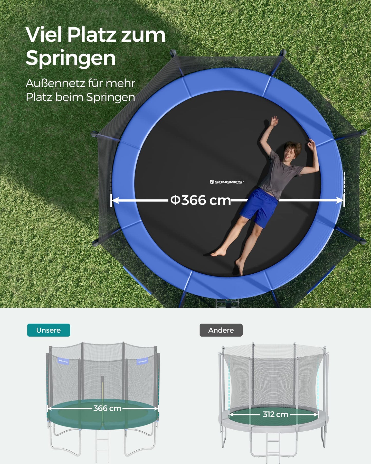 SONGMICS Trampolin Ø 366cm - Sicherheitsnetz, Randabdeckung, Leiter, 180cm Stangen