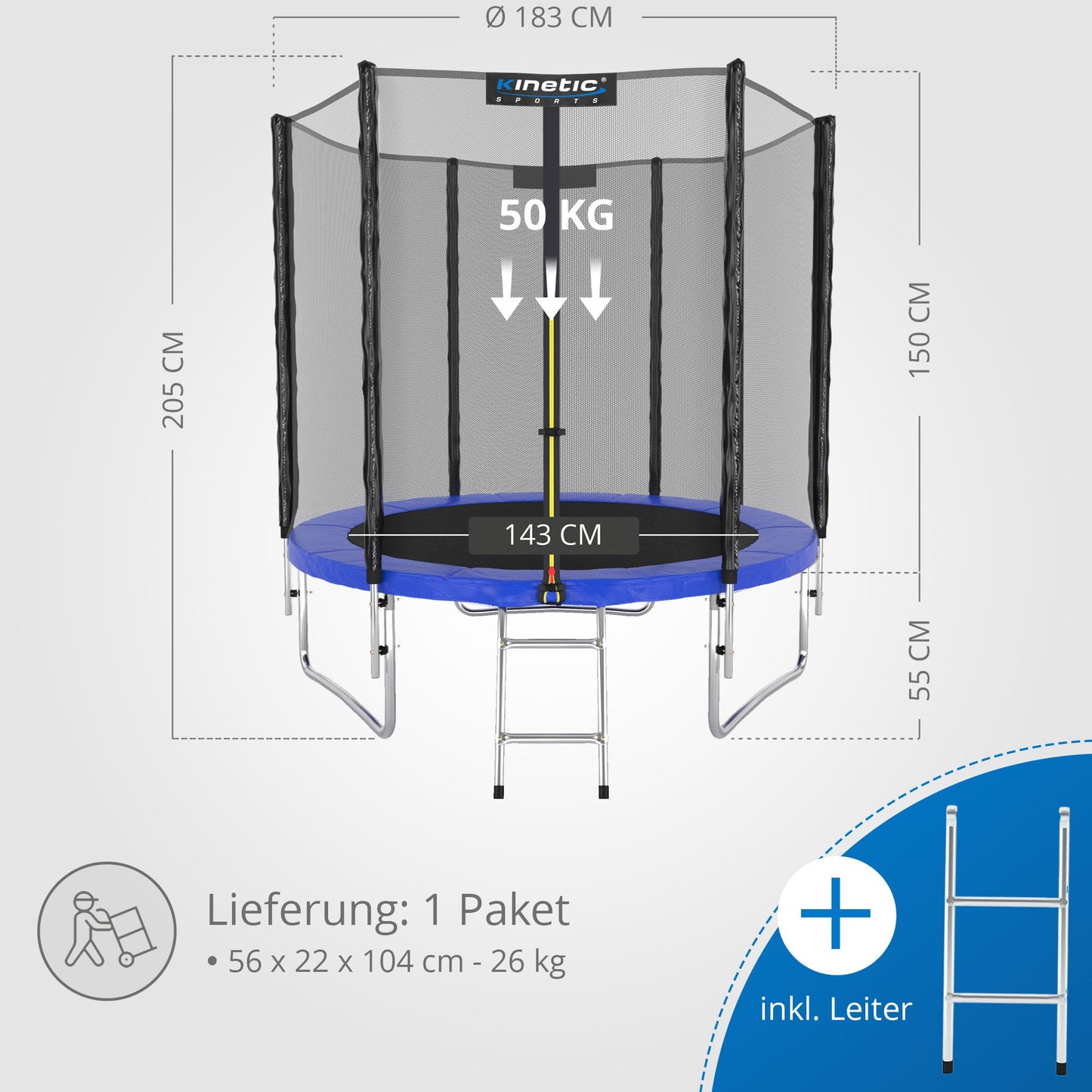 KINETIC SPORTS Salto Trampolin Ø 490cm - Kindertrampolin Set, bis 160kg, USA Tuch