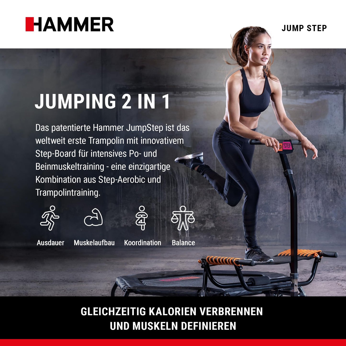 HAMMER Fitness-Trampolin JumpStep - Step-Board, Po/Beintraining, höhenverstellgriff
