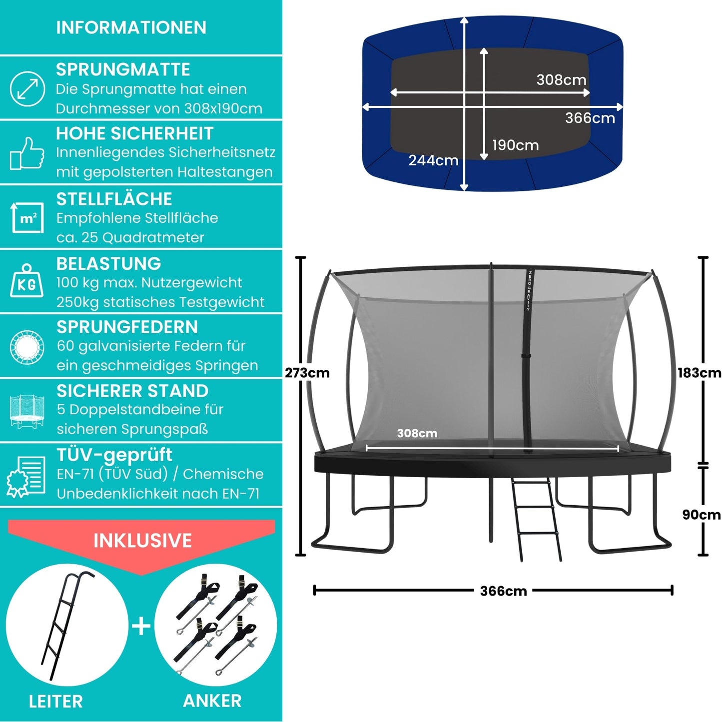 Zero Gravity Oval Trampolin 366x244cm TÜV - Innenliegendes Netz, Komplettset, Leiter