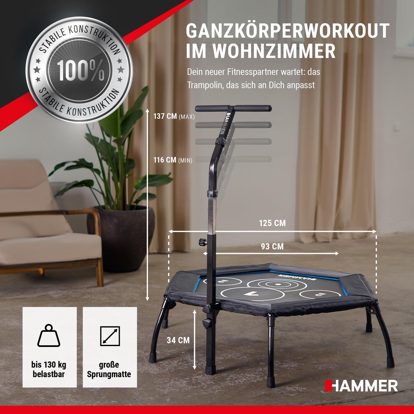 HAMMER Fitness-Trampolin Cross Jump 98cm - Höhenverstellgriff, bis 130kg