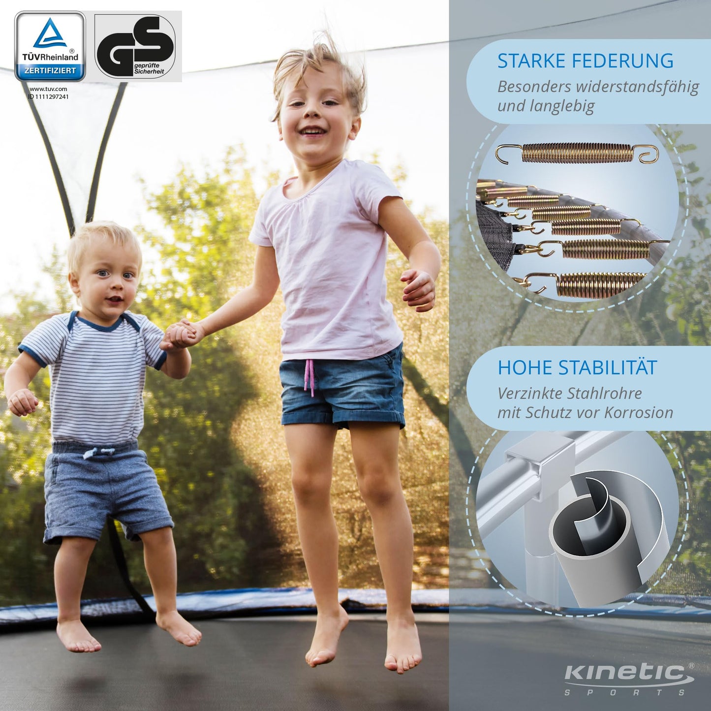 KINETIC SPORTS Salto Trampolin Ø 490cm - Kindertrampolin Set, bis 160kg, USA Tuch