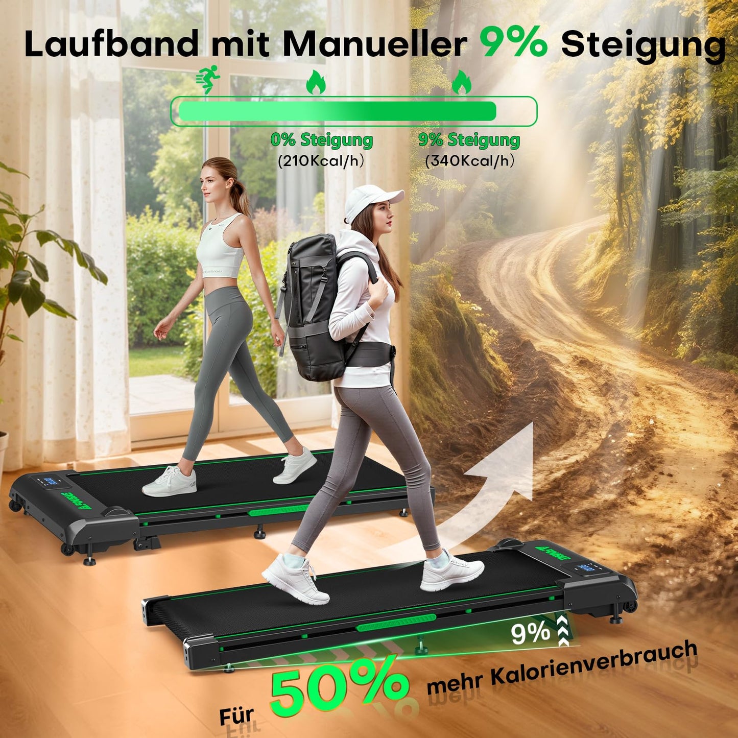 FOUSAE Walking Pad 1-10km/h mit 9% Steigung - 2.5HP, LED, Fernbedienung, 12 Programme