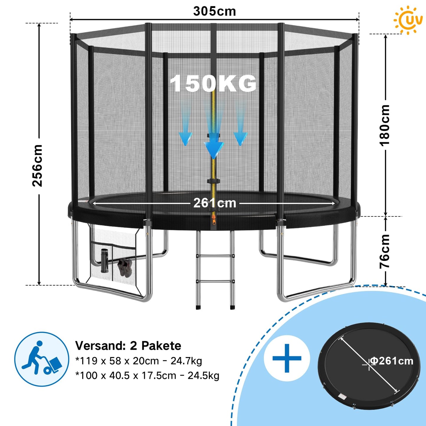 Devoko Trampolin Indoor/Outdoor Ø 427cm GS TÜV - Komplettset mit Netz, Leiter