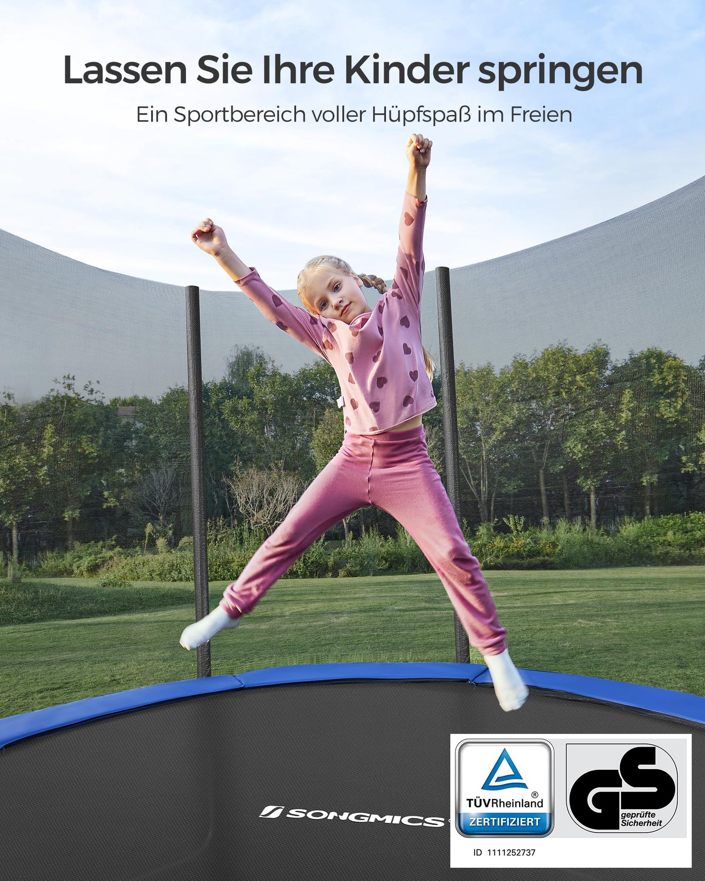 SONGMICS Trampolin Ø 366cm - Sicherheitsnetz, Randabdeckung, Leiter, 180cm Stangen