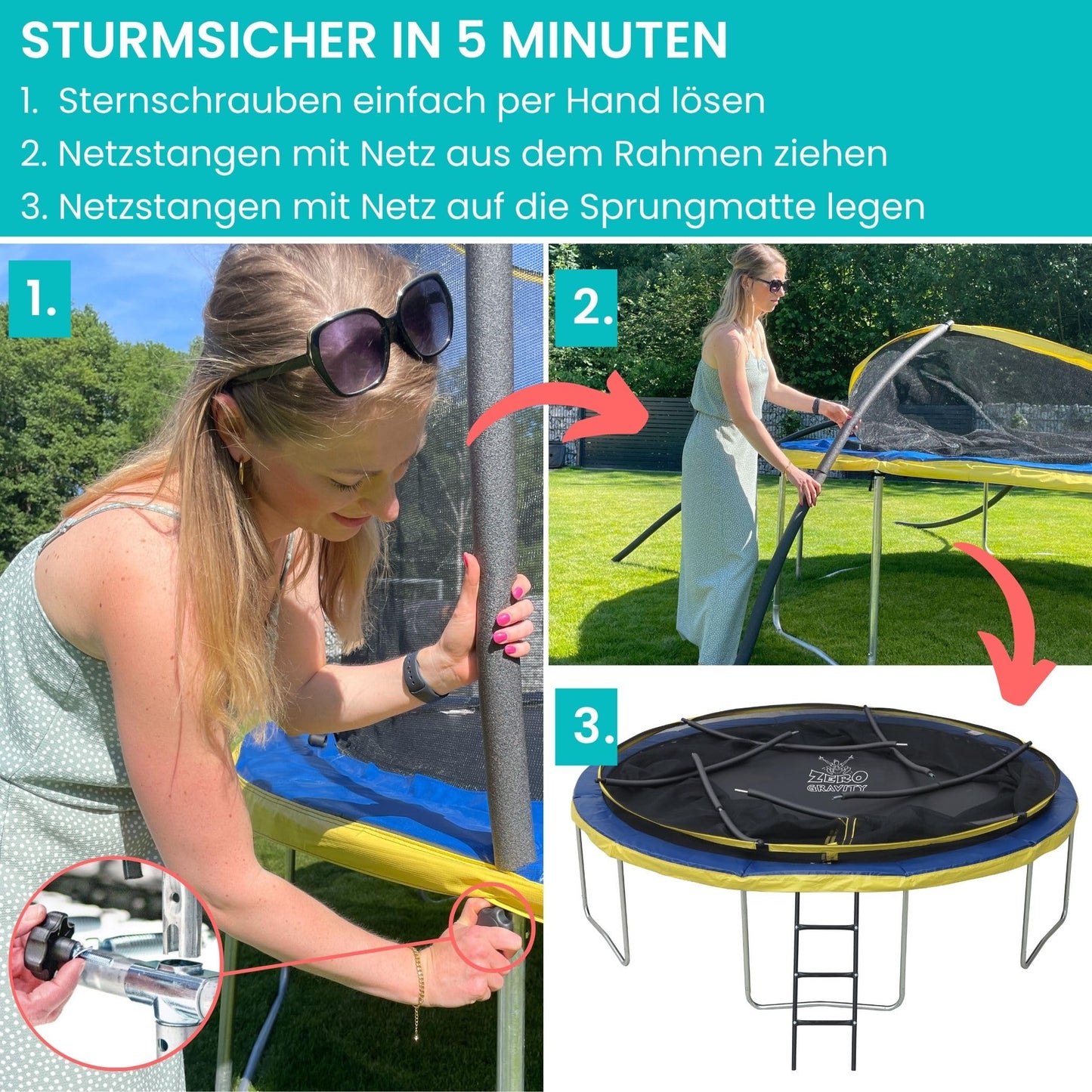 Zero Gravity Trampolin Ø 427cm TÜV - Gartentrampolin, sturmsicher, inkl. Leiter (244cm)
