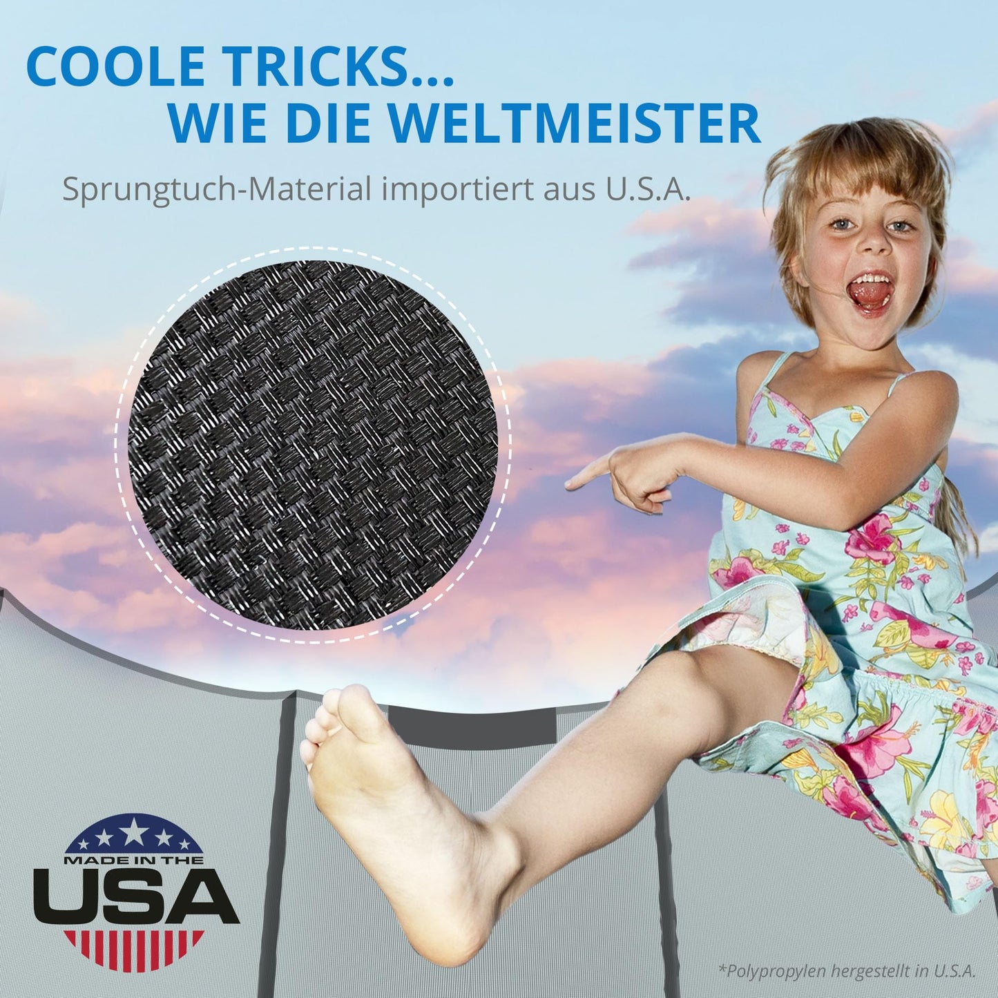 KINETIC SPORTS Salto Trampolin Ø 490cm - Kindertrampolin Set, bis 160kg, USA Tuch