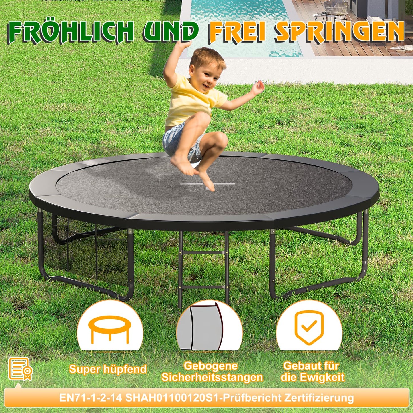Devoko Gartentrampolin Ø 427cm GS TÜV - Sicherheitsnetz, Leiter, Schuhbeutel
