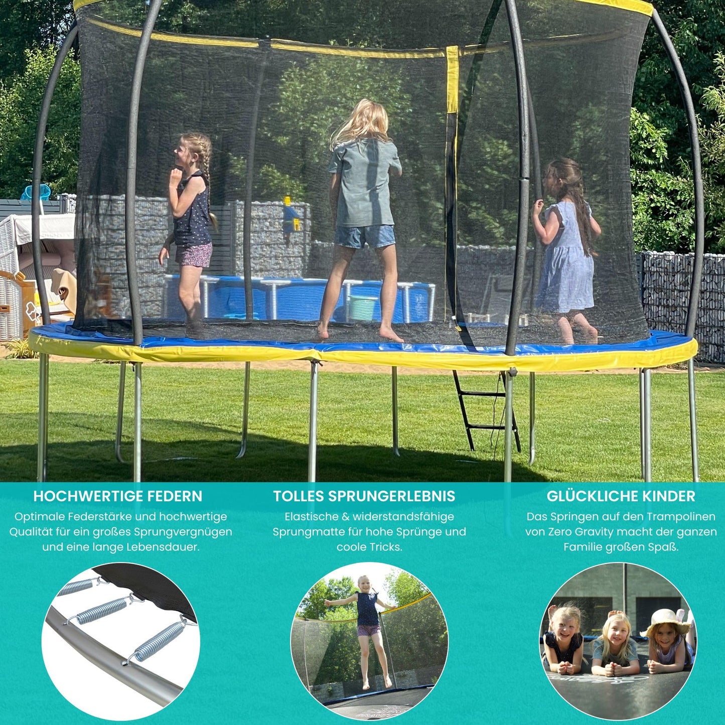 Zero Gravity Trampolin Ø 427cm TÜV - Gartentrampolin, sturmsicher, inkl. Leiter (244cm)