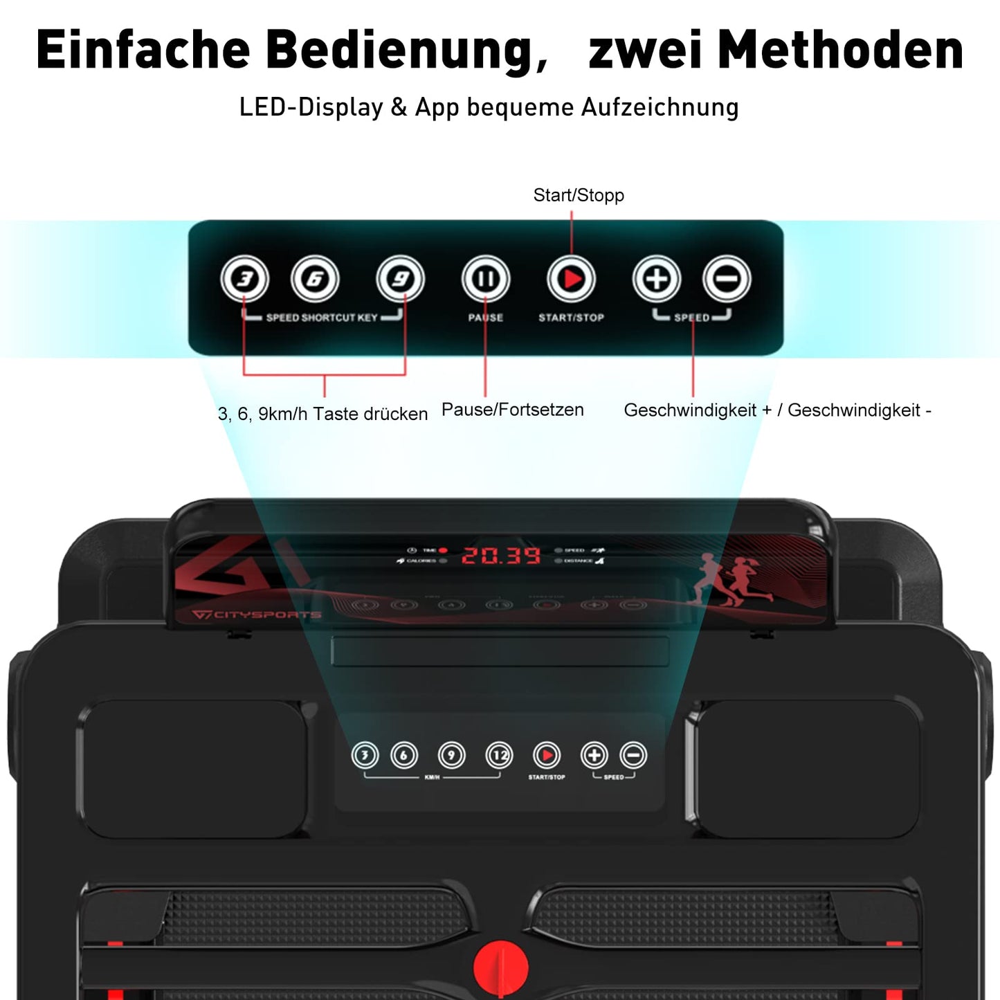 CITYSPORTS Klappbares Laufband bis 12km/h - LED, APP, Tablet Holder, kompakt (Black)