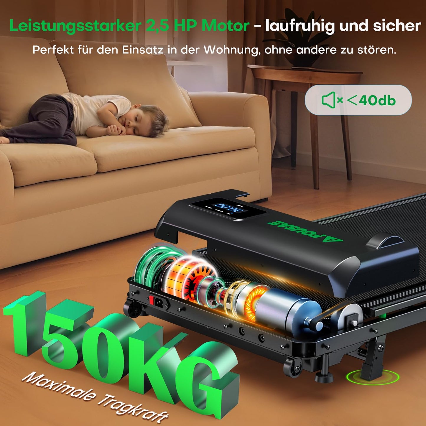 FOUSAE Walking Pad 1-10km/h mit 9% Steigung - 2.5HP, LED, Fernbedienung, 12 Programme