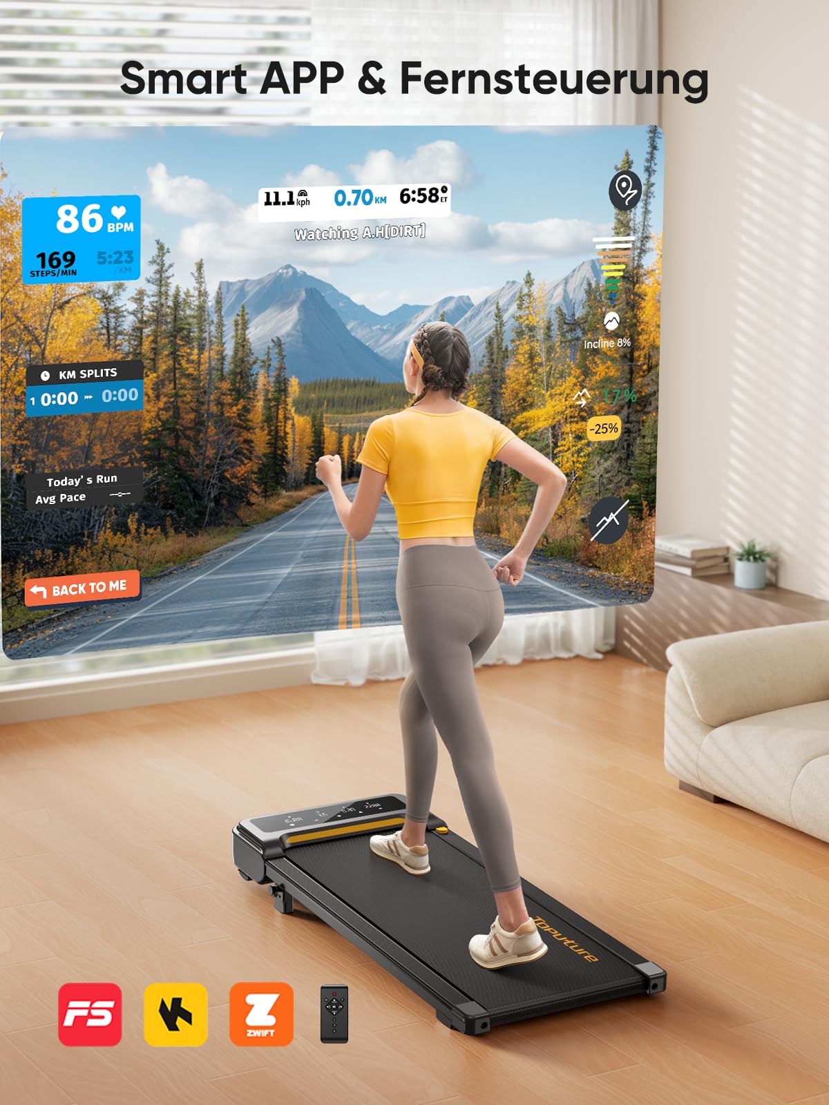 Laufband mit Steigung 1-10 km/h - Elektrisch, 2.5HP, Fernbedienung, App, kein Aufbau