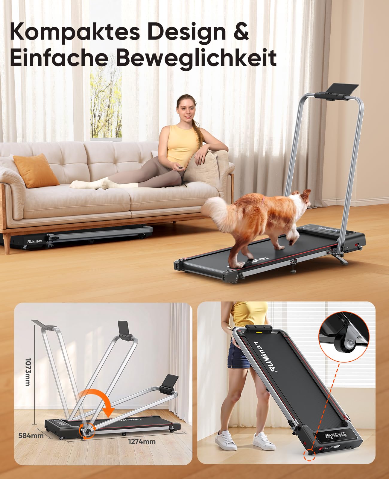 RUNIMON Laufband mit 7% Steigung 12km/h - 6in1 Klappbar, 2.5HP, 2-LED, App