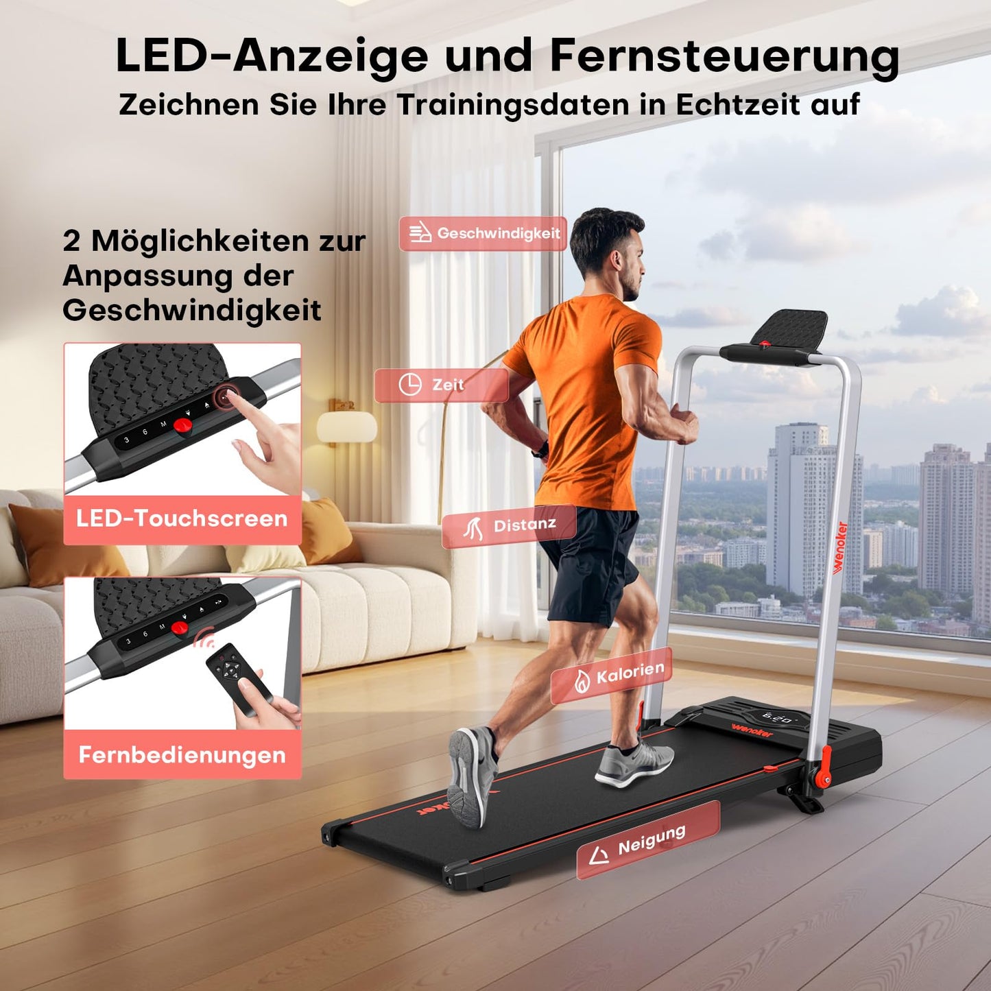 Laufband mit Steigung & Armstützen 12km/h - 3in1, Fernbedienung, App, kein Aufbau