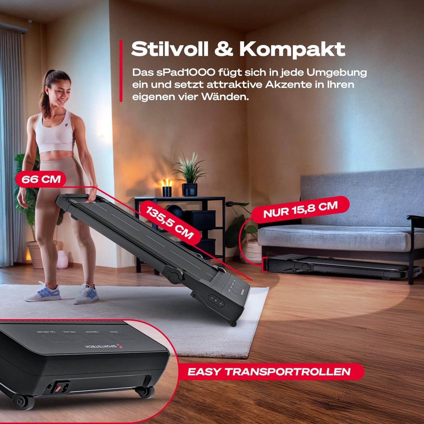 Sportstech sPad1000 Walking Pad - Autom. Steigung bis 19%, LED, App, kompakt, Home Office