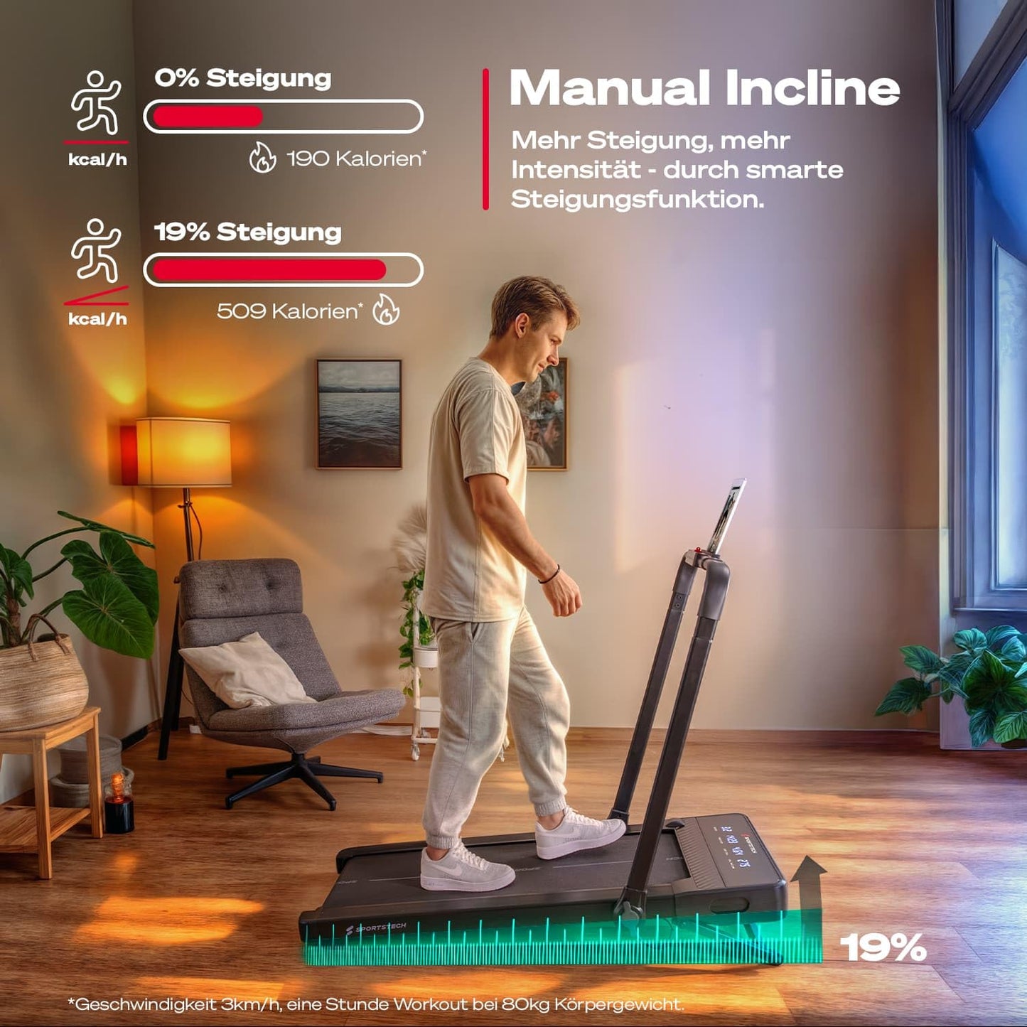Sportstech sPad1000 Walking Pad - Autom. Steigung bis 19%, LED, App, kompakt, Home Office