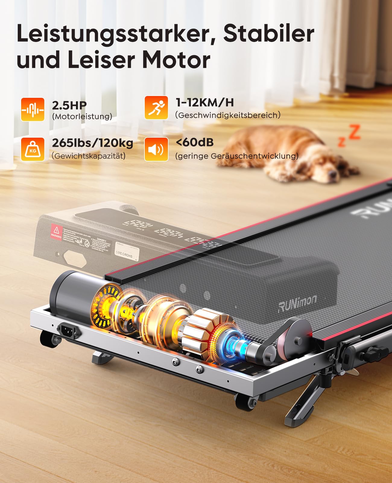 RUNIMON Laufband mit 7% Steigung 12km/h - 6in1 Klappbar, 2.5HP, 2-LED, App