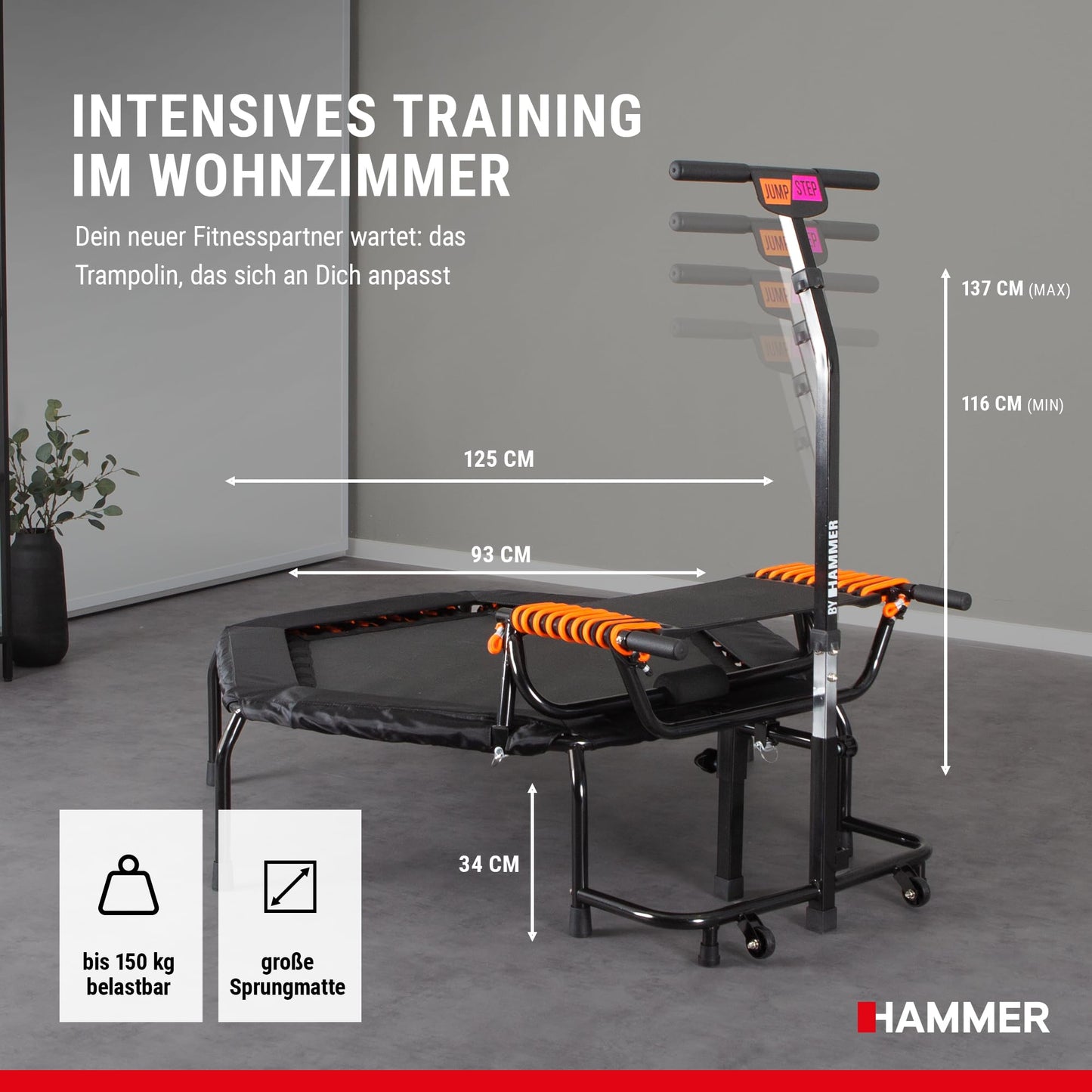 HAMMER Fitness-Trampolin JumpStep - Step-Board, Po/Beintraining, höhenverstellgriff