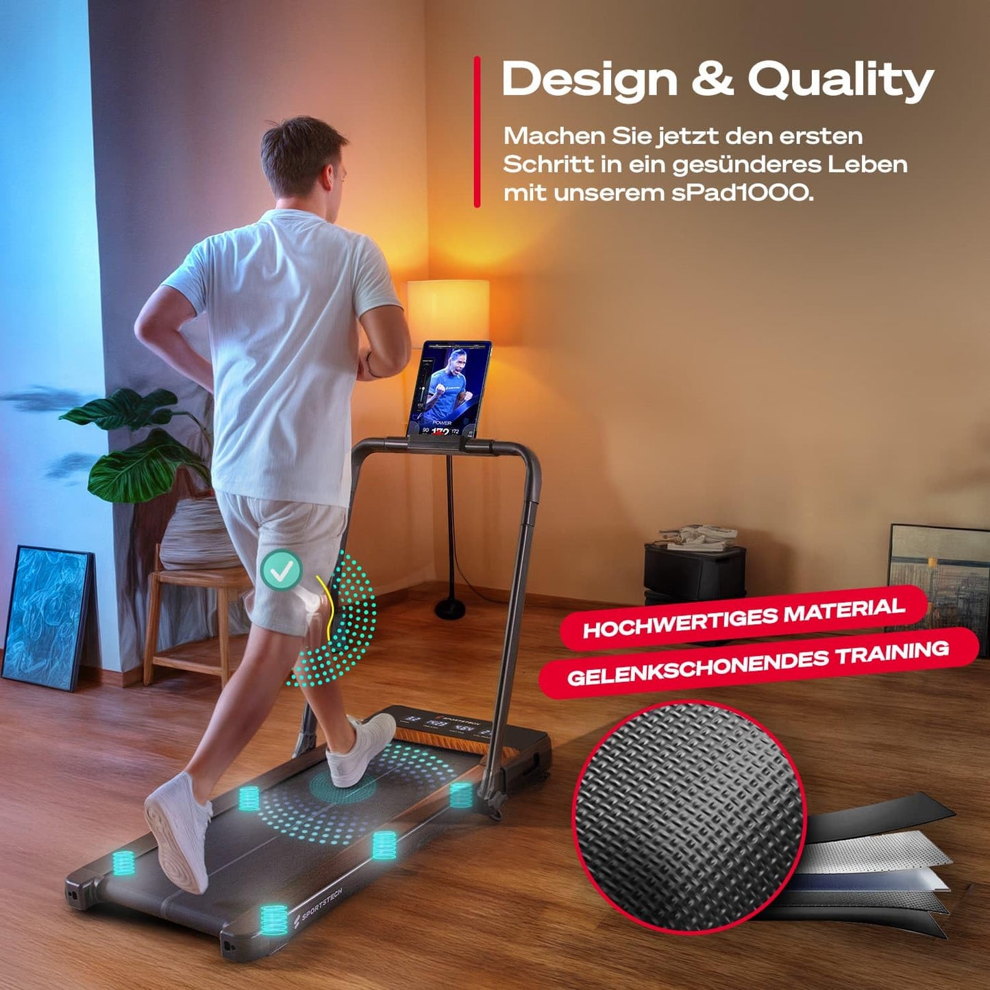 Sportstech sPad1000 Walking Pad - Autom. Steigung bis 19%, LED, App, kompakt, Home Office