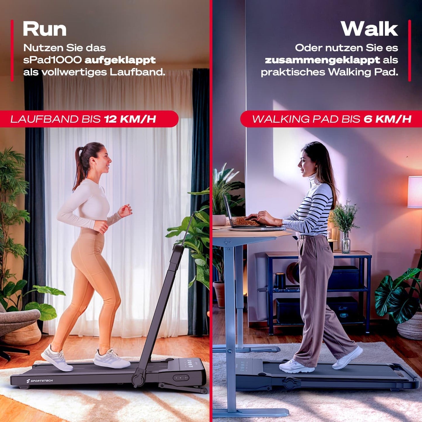 Sportstech sPad1000 Walking Pad - Autom. Steigung bis 19%, LED, App, kompakt, Home Office