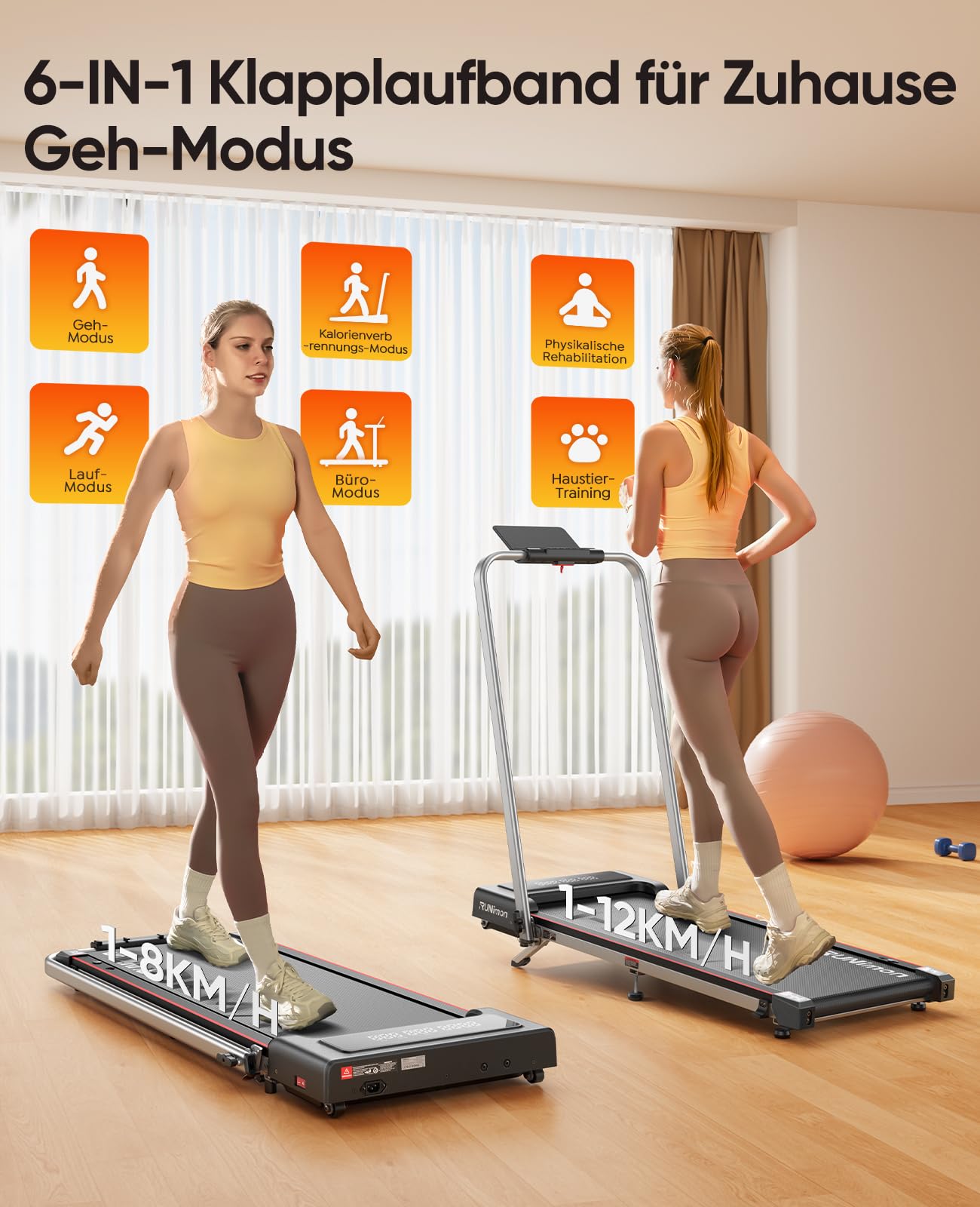 RUNIMON Laufband mit 7% Steigung 12km/h - 6in1 Klappbar, 2.5HP, 2-LED, App