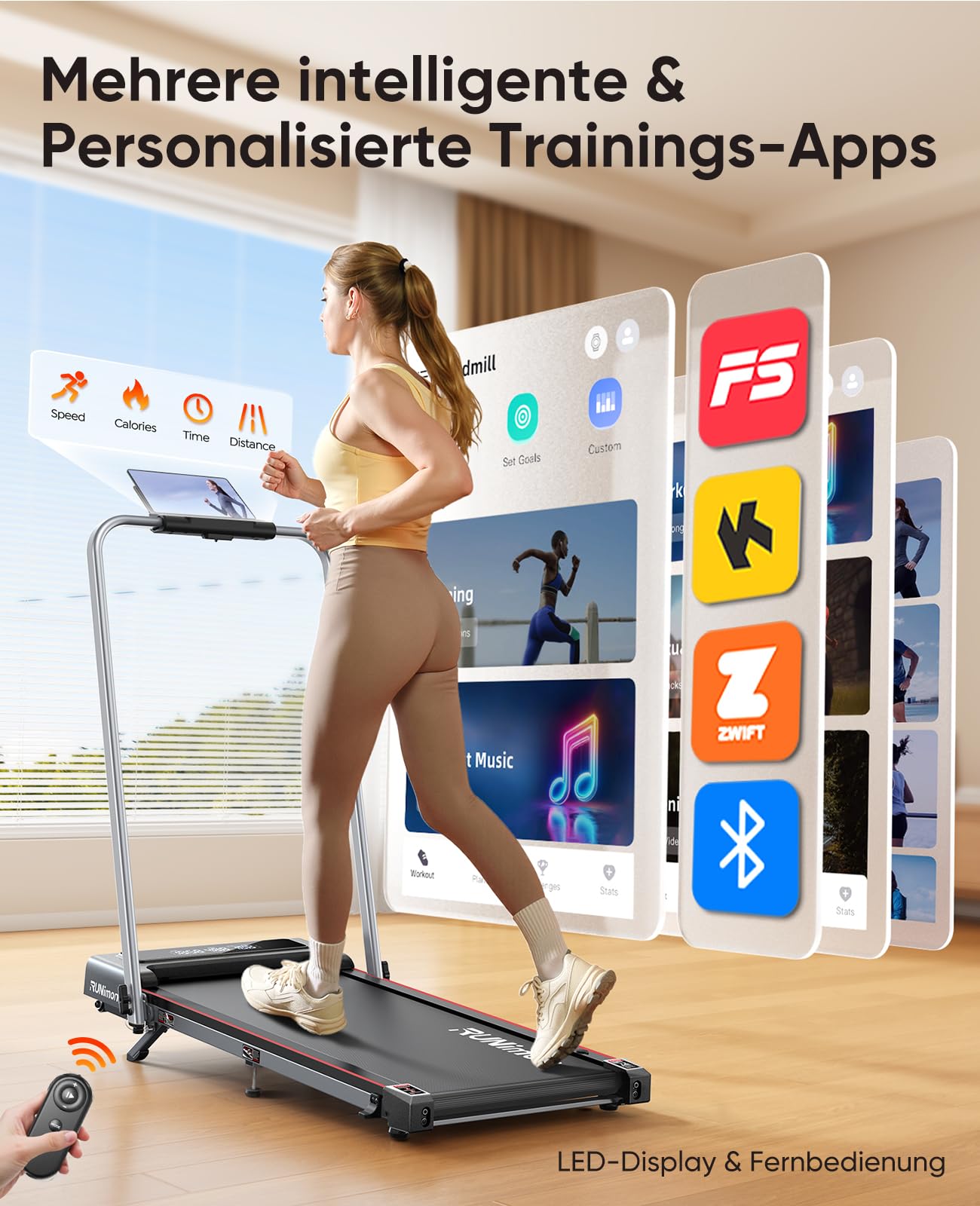 RUNIMON Laufband mit 7% Steigung 12km/h - 6in1 Klappbar, 2.5HP, 2-LED, App
