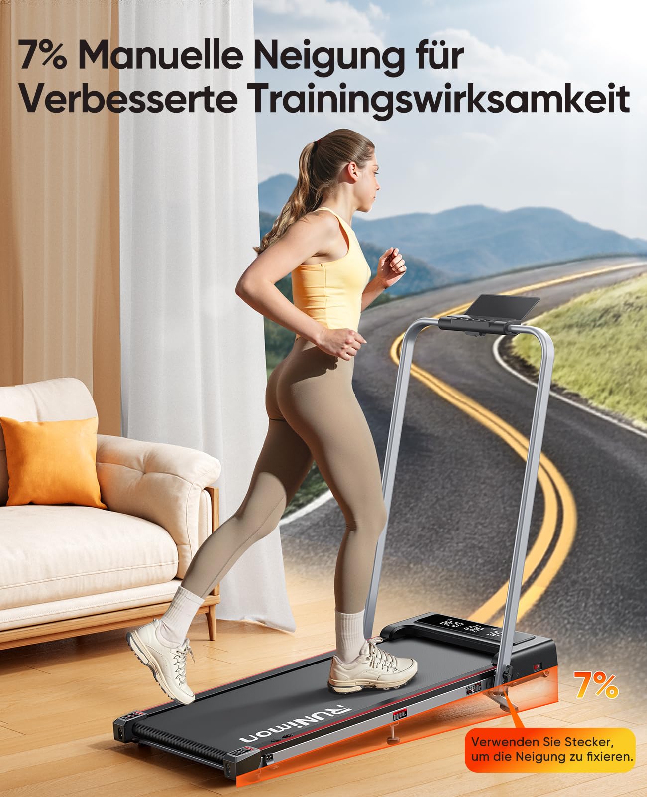 RUNIMON Laufband mit 7% Steigung 12km/h - 6in1 Klappbar, 2.5HP, 2-LED, App
