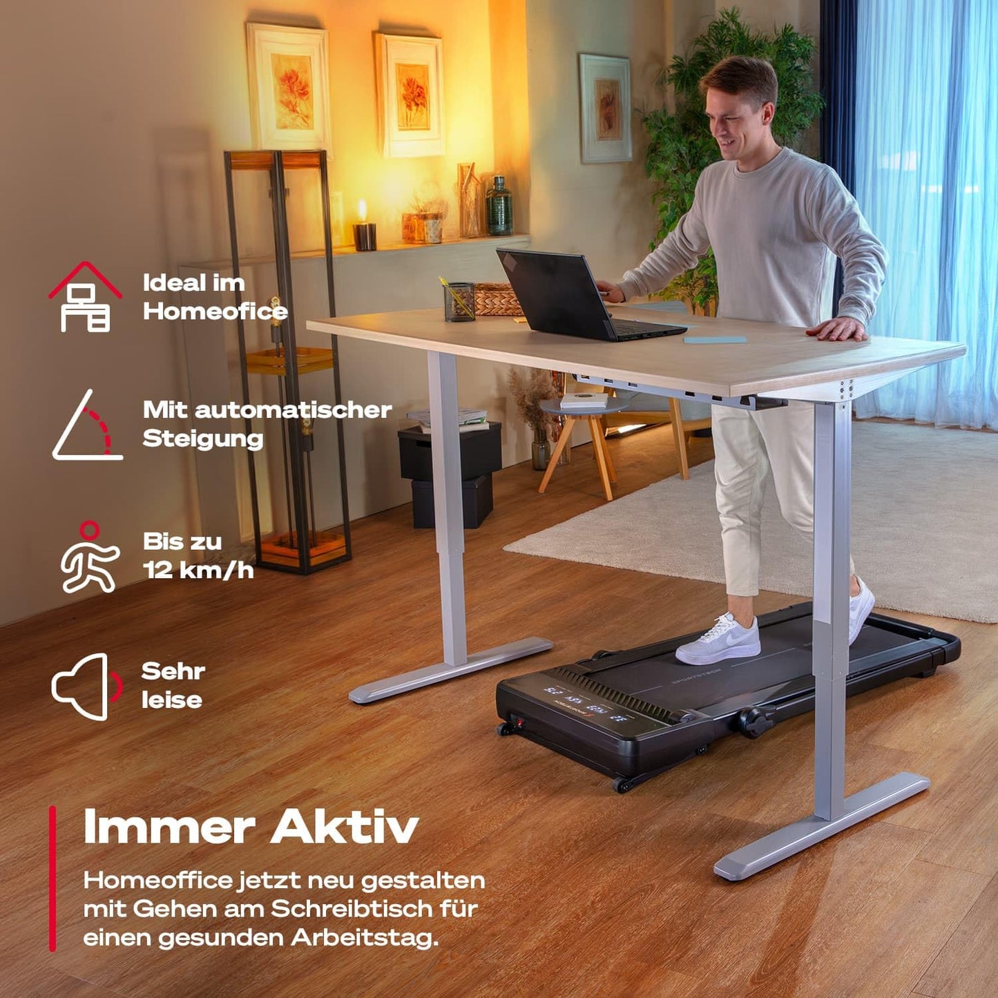 Sportstech sPad1000 Walking Pad - Autom. Steigung bis 19%, LED, App, kompakt, Home Office