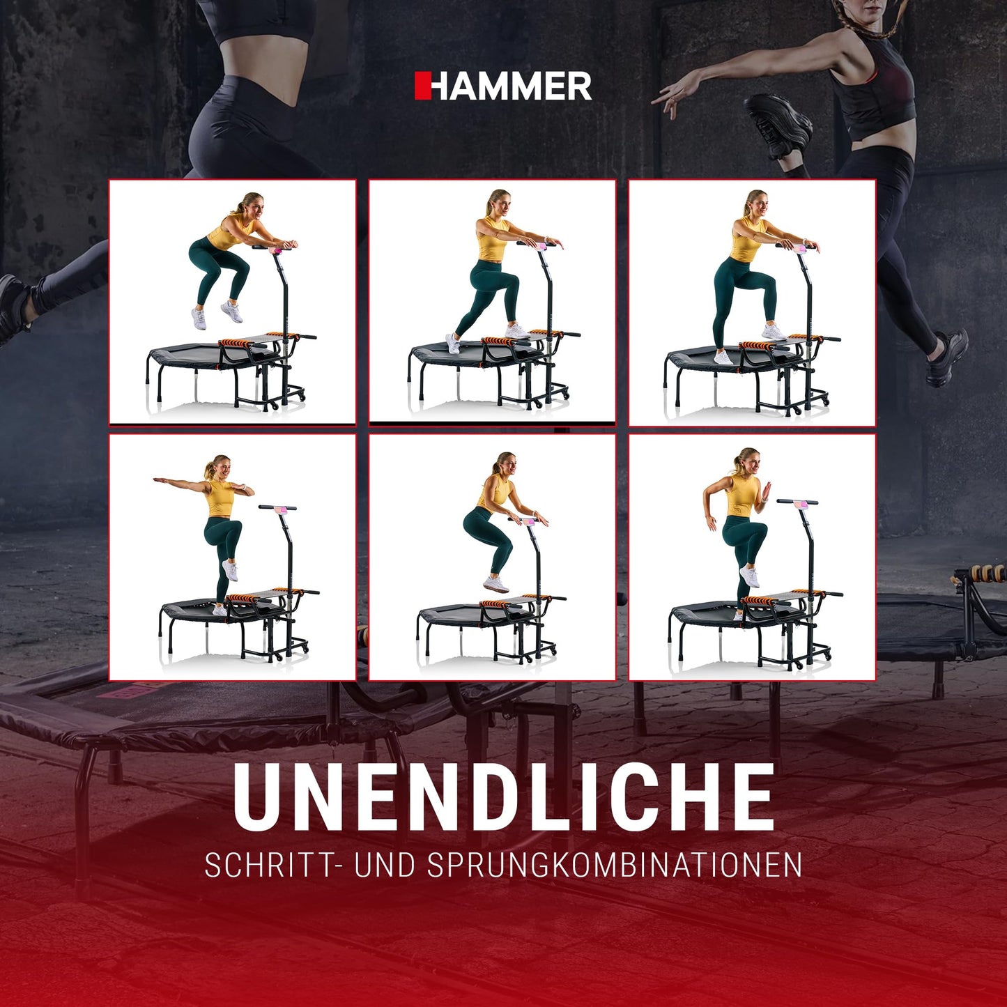 HAMMER Fitness-Trampolin JumpStep - Step-Board, Po/Beintraining, höhenverstellgriff