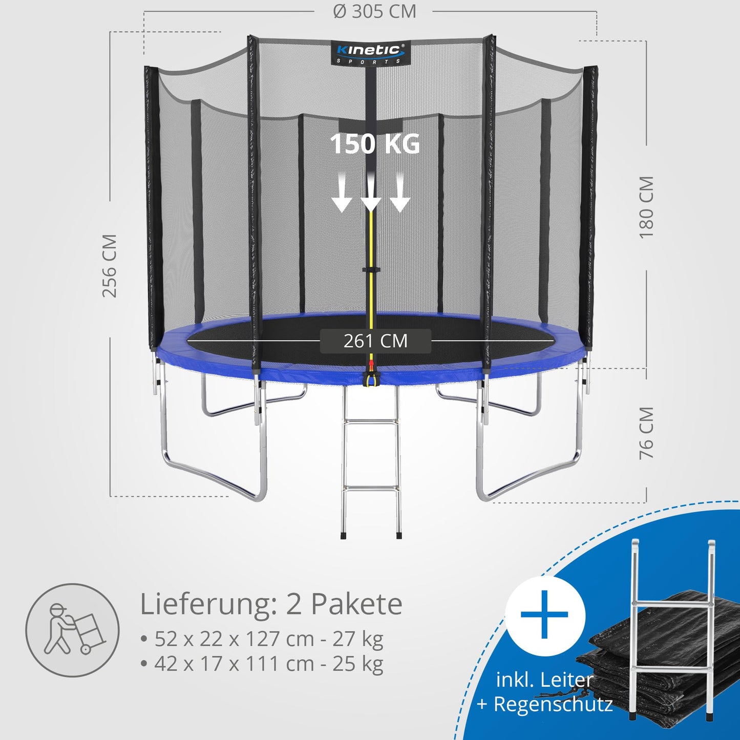 KINETIC SPORTS Salto Plus Trampolin Ø 490cm - bis 160kg, USA Tuch, Netz, Polster, Leiter