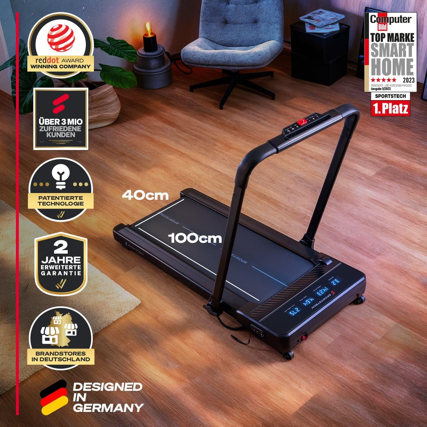 Sportstech sPad1000 Walking Pad - Autom. Steigung bis 19%, LED, App, kompakt, Home Office