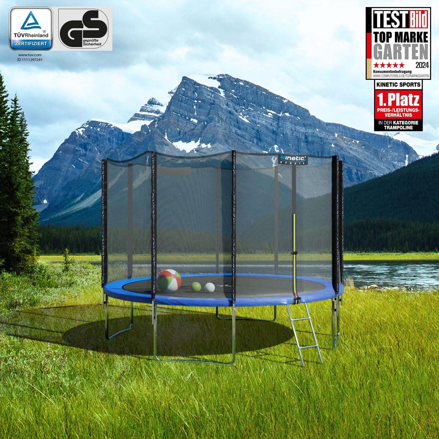 KINETIC SPORTS Salto Trampolin Ø 490cm - Kindertrampolin Set, bis 160kg, USA Tuch