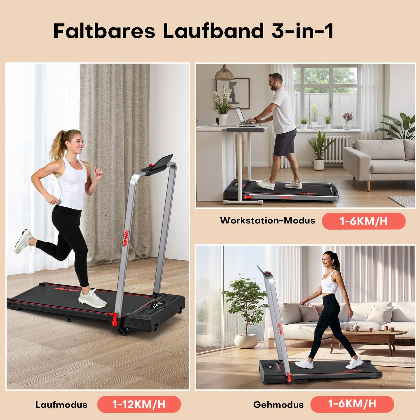 Laufband mit Steigung & Armstützen 12km/h - 3in1, Fernbedienung, App, kein Aufbau