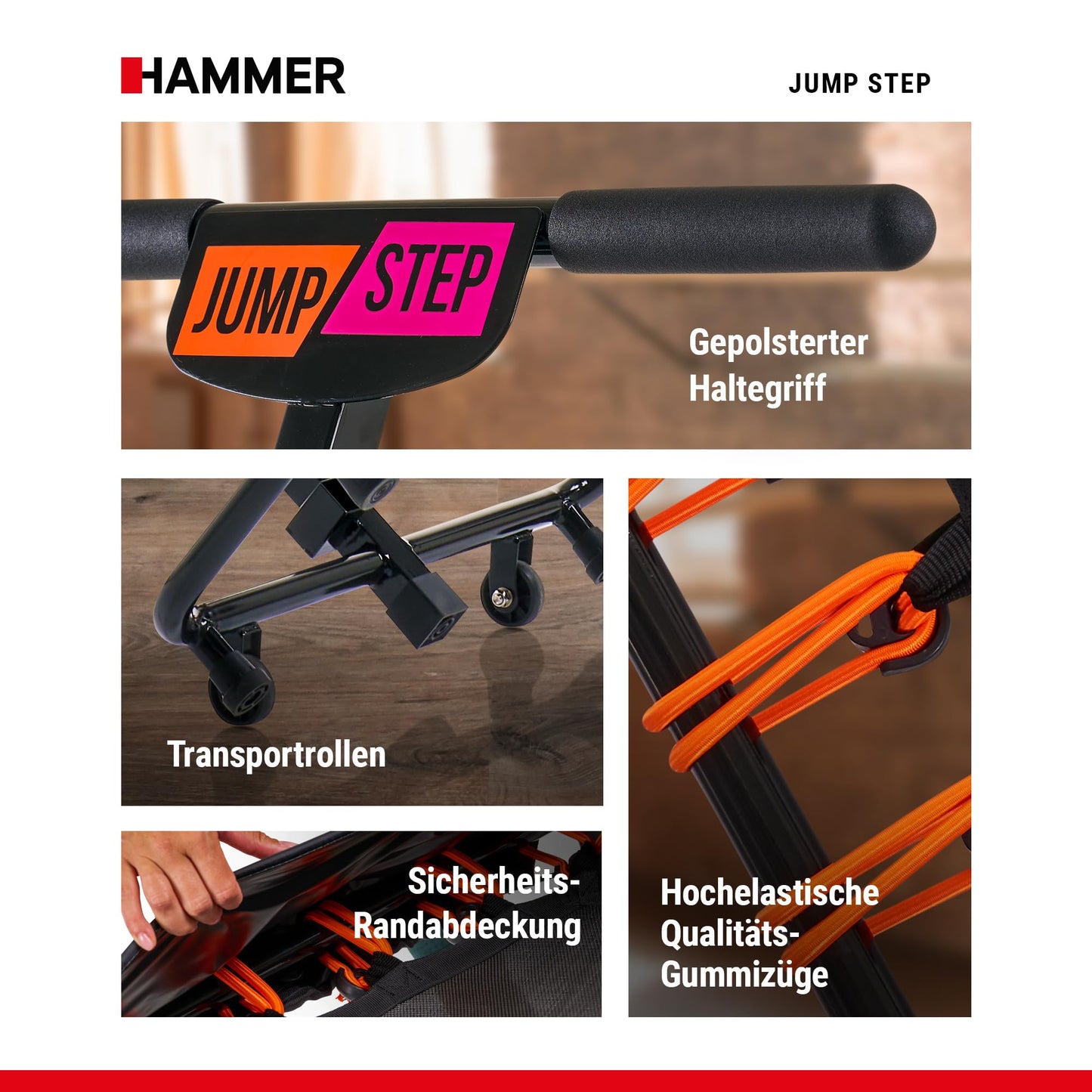 HAMMER Fitness-Trampolin JumpStep - Step-Board, Po/Beintraining, höhenverstellgriff